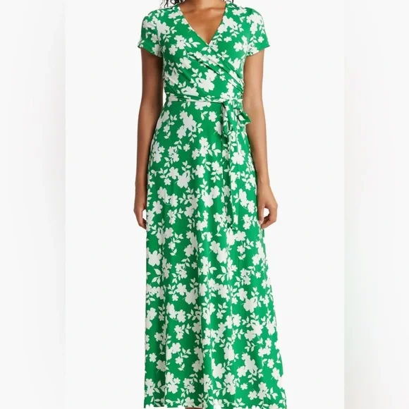 Eliza J | Dresses | Eliza J Vneck Faux Wrap Maxi Dress Size 8 Green White  Floral Womens Tie | Poshmark